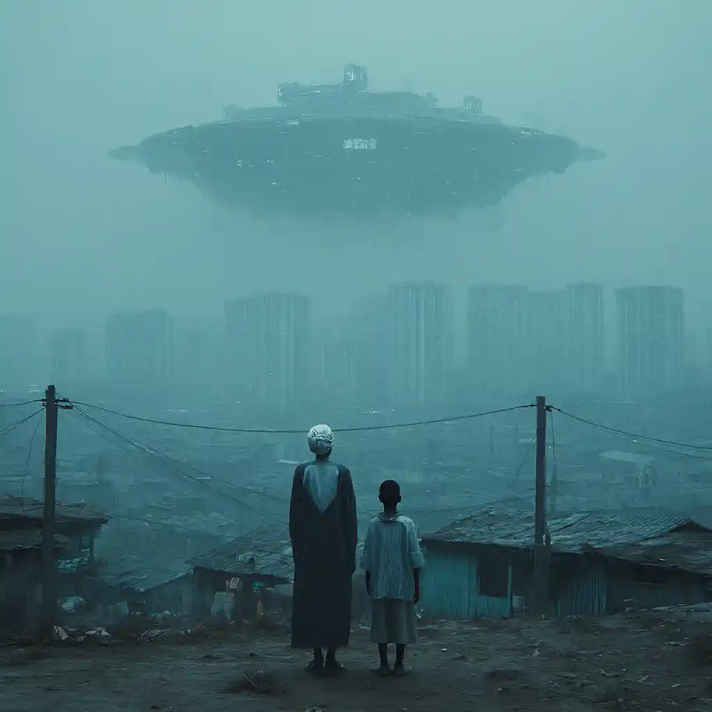 Asian girl with her granddad in futuristic ghost shelter