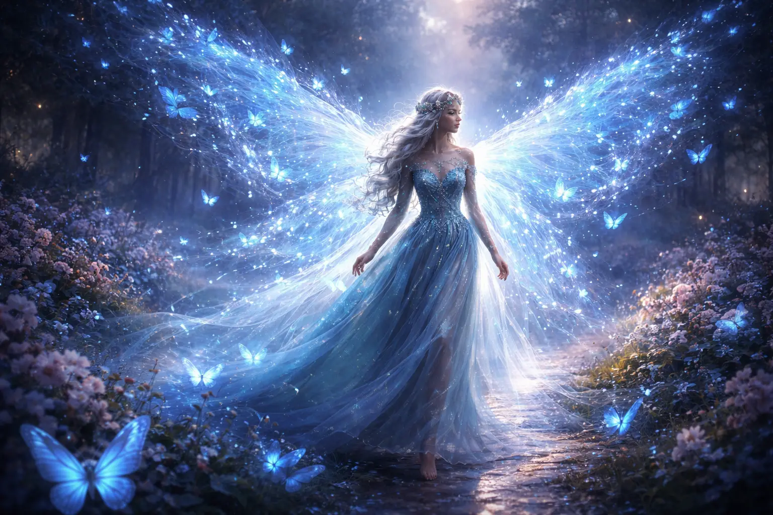 Mystical duchess walking in a glowing twilight butterfly garden