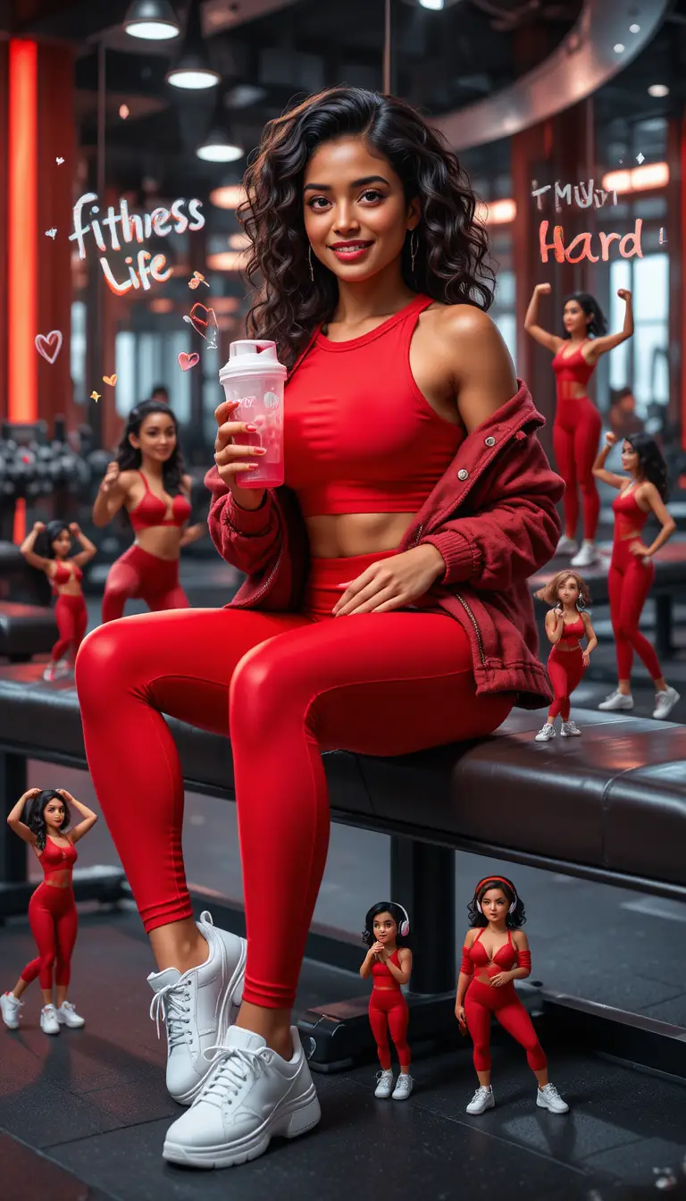 Selbstbewusste indische Frau entspannt in einer luxuriösen Fitnessstudio-Lounge