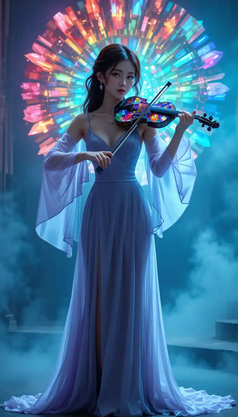 Korean violist in lavender gown playing stained glass viola
