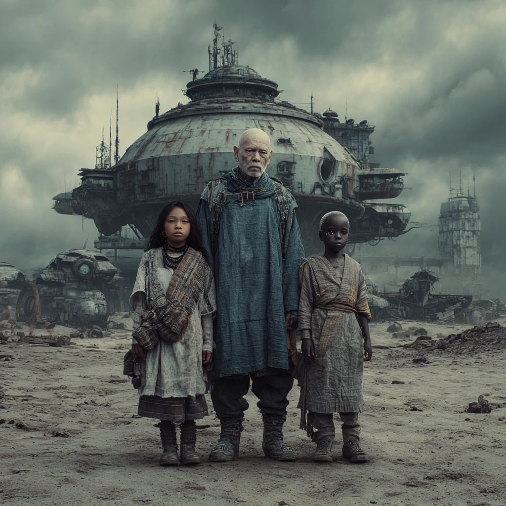 Asian girl and granddad in a futuristic ghostly desert shelter