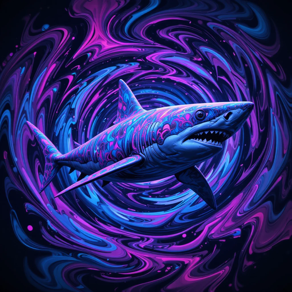 Psychedelic great white shark with neon spiral swirls