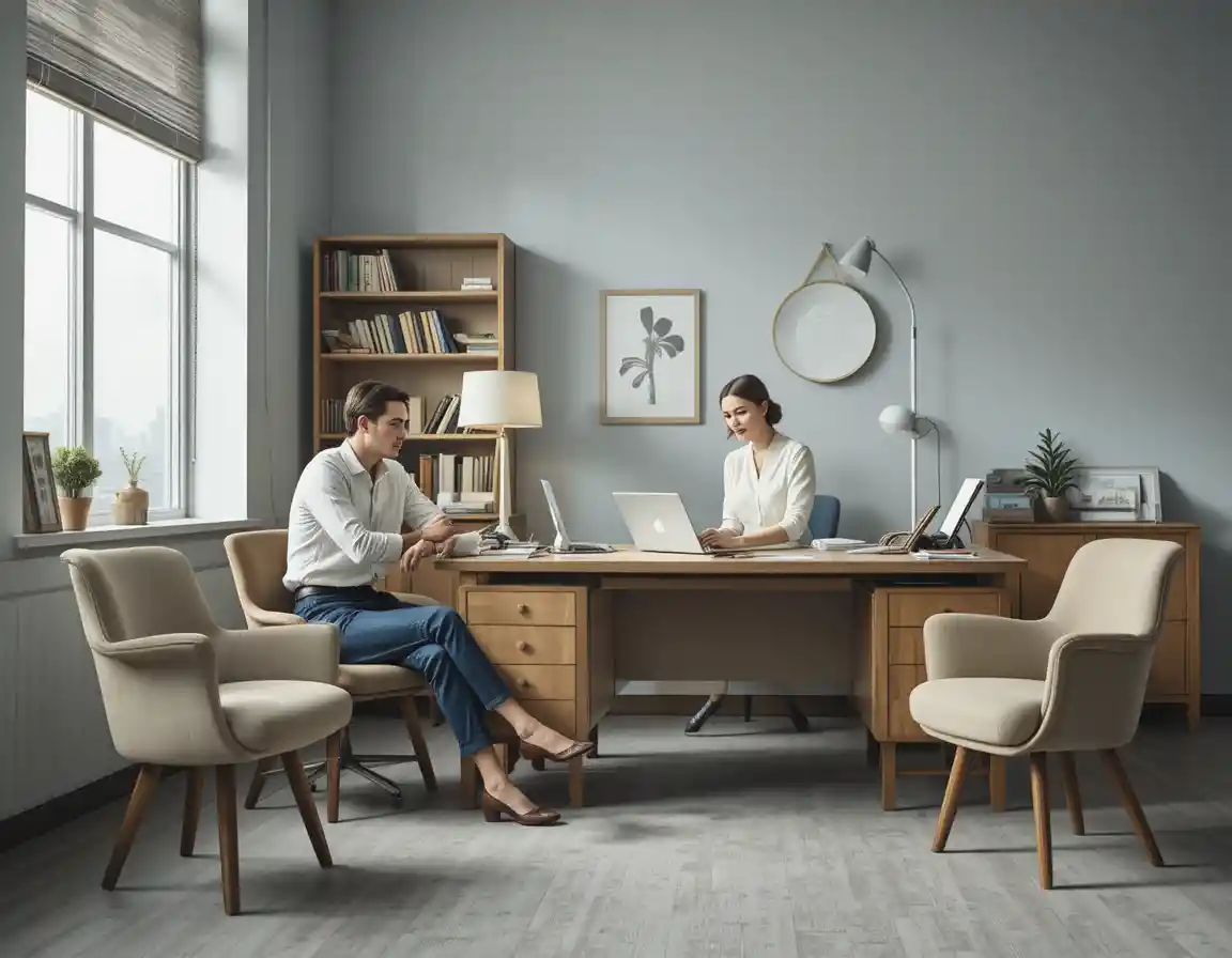 Man and woman talking in a modern minimalist office