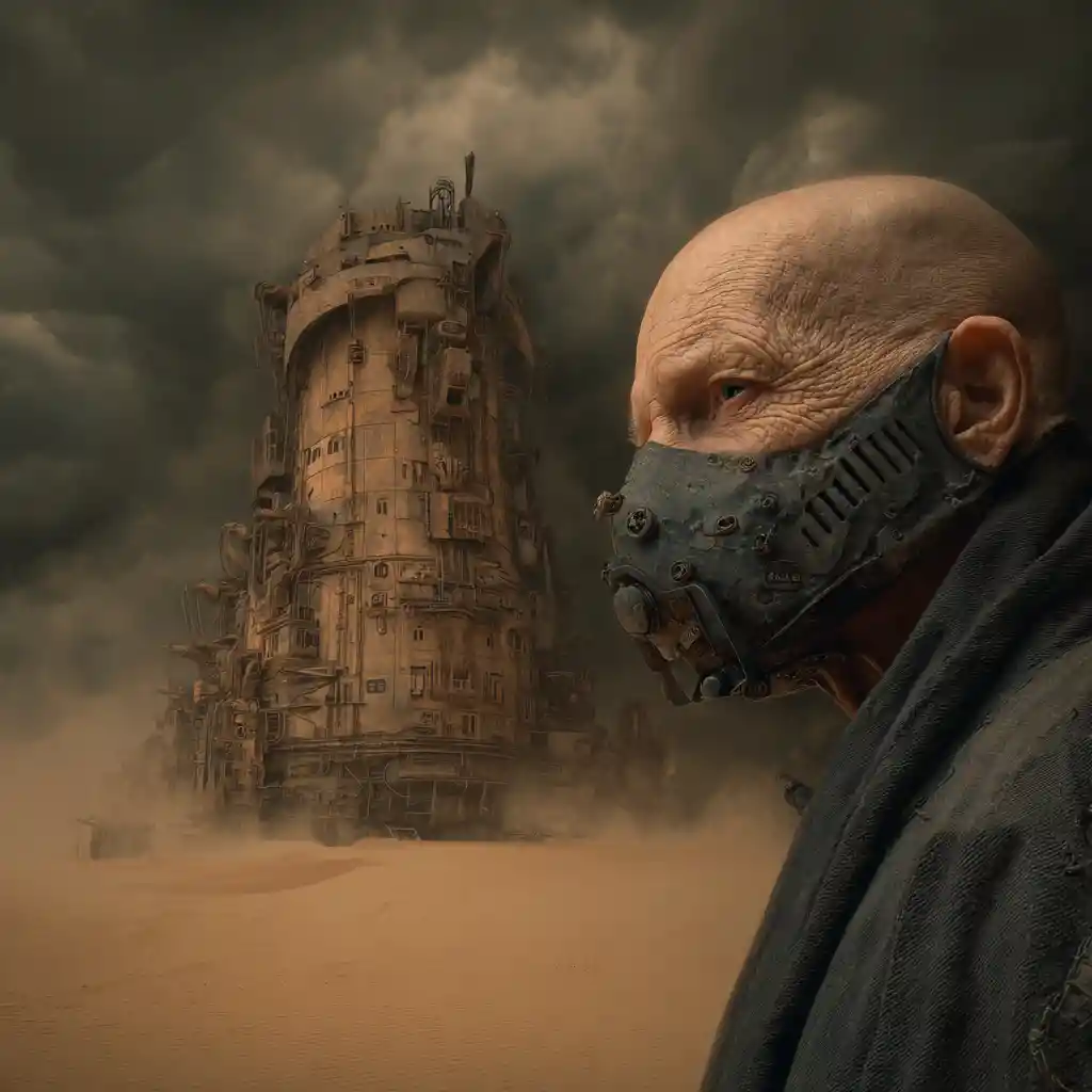 Cyborg figure in a dark futuristic ghostly desert shelter