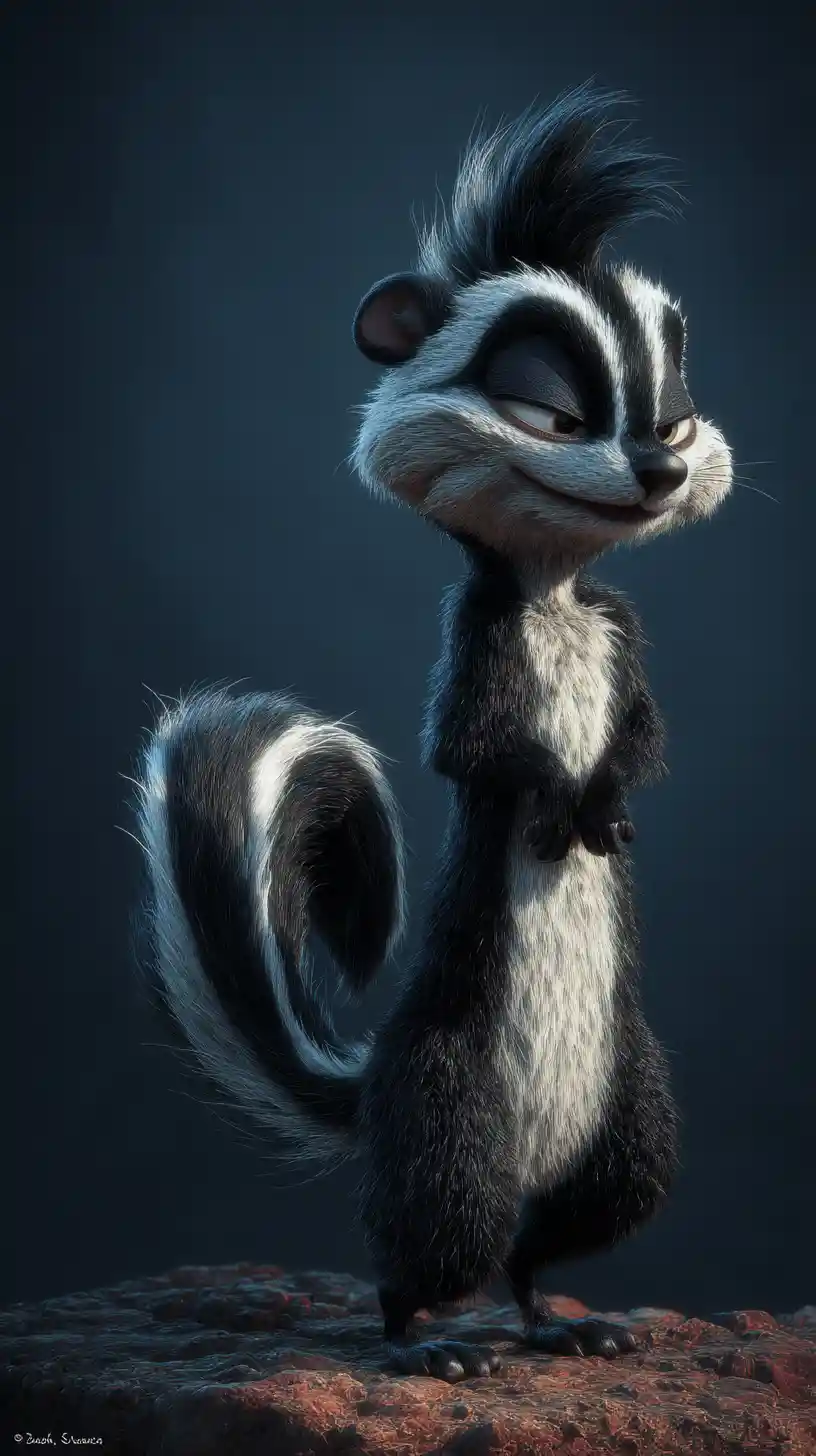 Stylized 3D skunk with fluffy arched tail and smug smirk