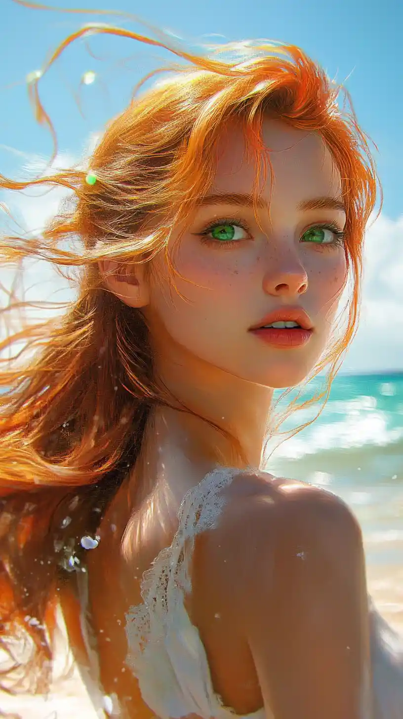 Whimsical red haired woman on a bright tropical beach