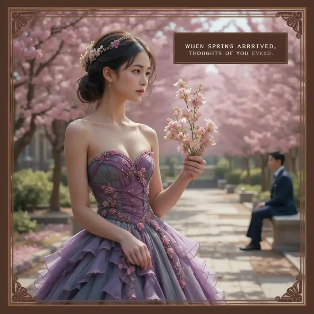 Young woman in purple dress holding a flower in spring