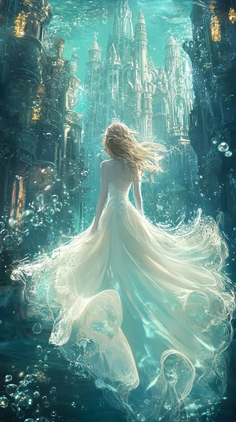 Ethereal maiden rising within a submerged fantasy kingdom