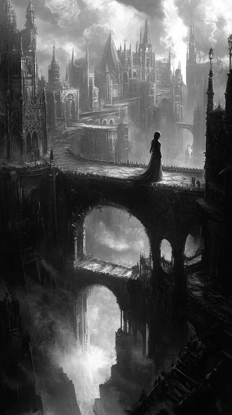 Mystical woman merged with a gothic city of the mind