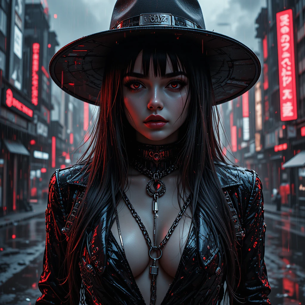 Glitch noir close up of fierce cyberpunk femme fatale