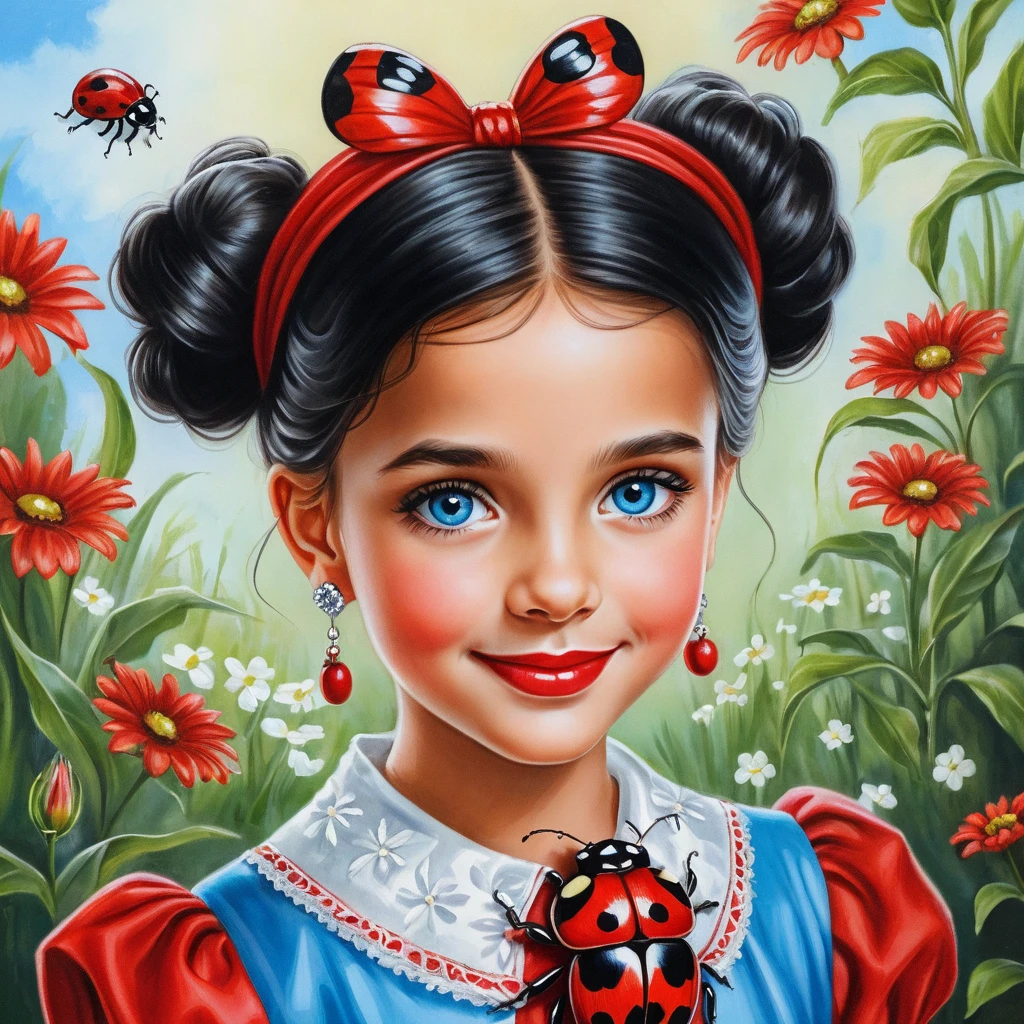 Smiling girl in red ladybug dress with long dark hair