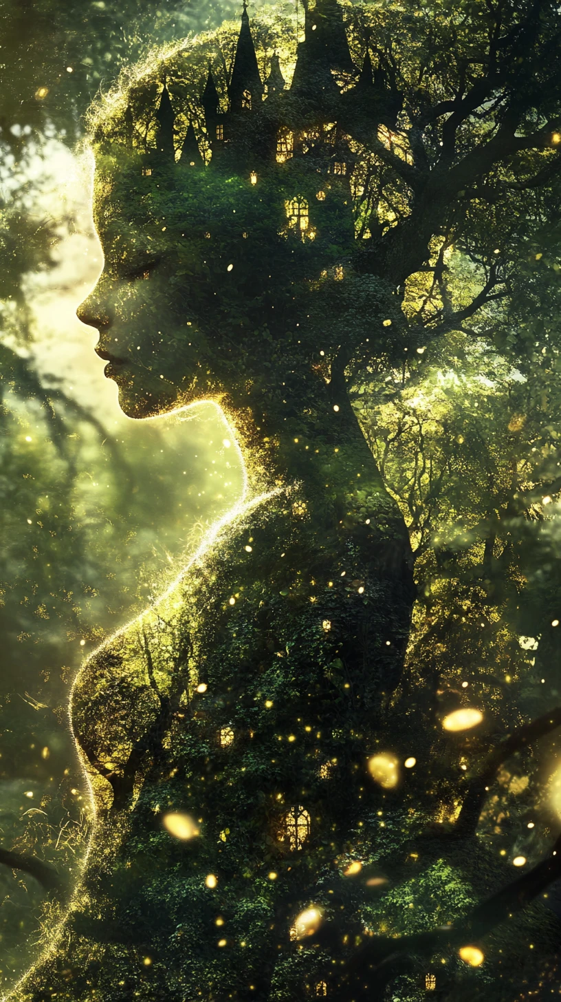 Mystical Forest Queen Formed In Enchanted Double Exposure