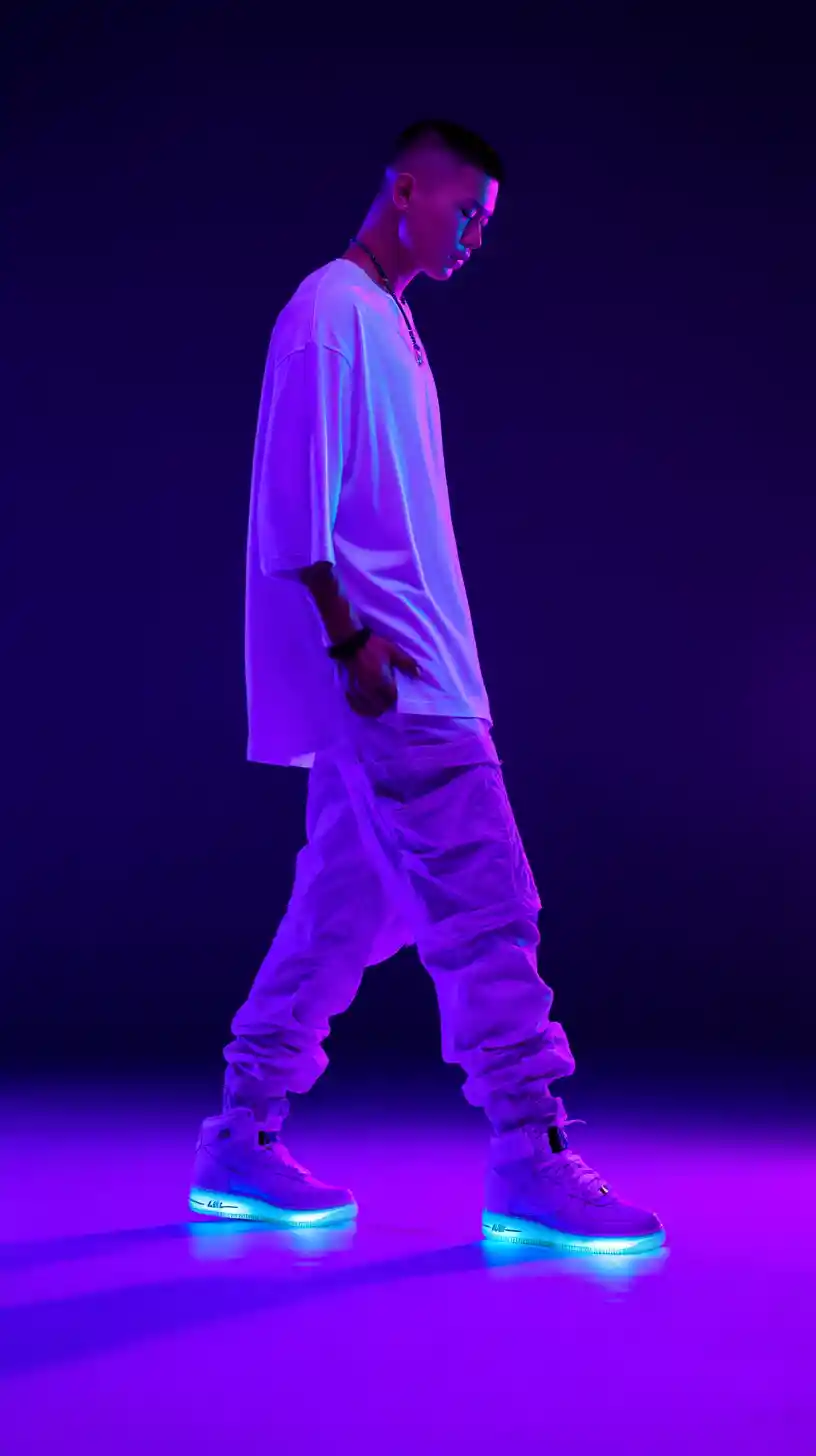 Male fashion model in neon cyberpunk studio profile pose