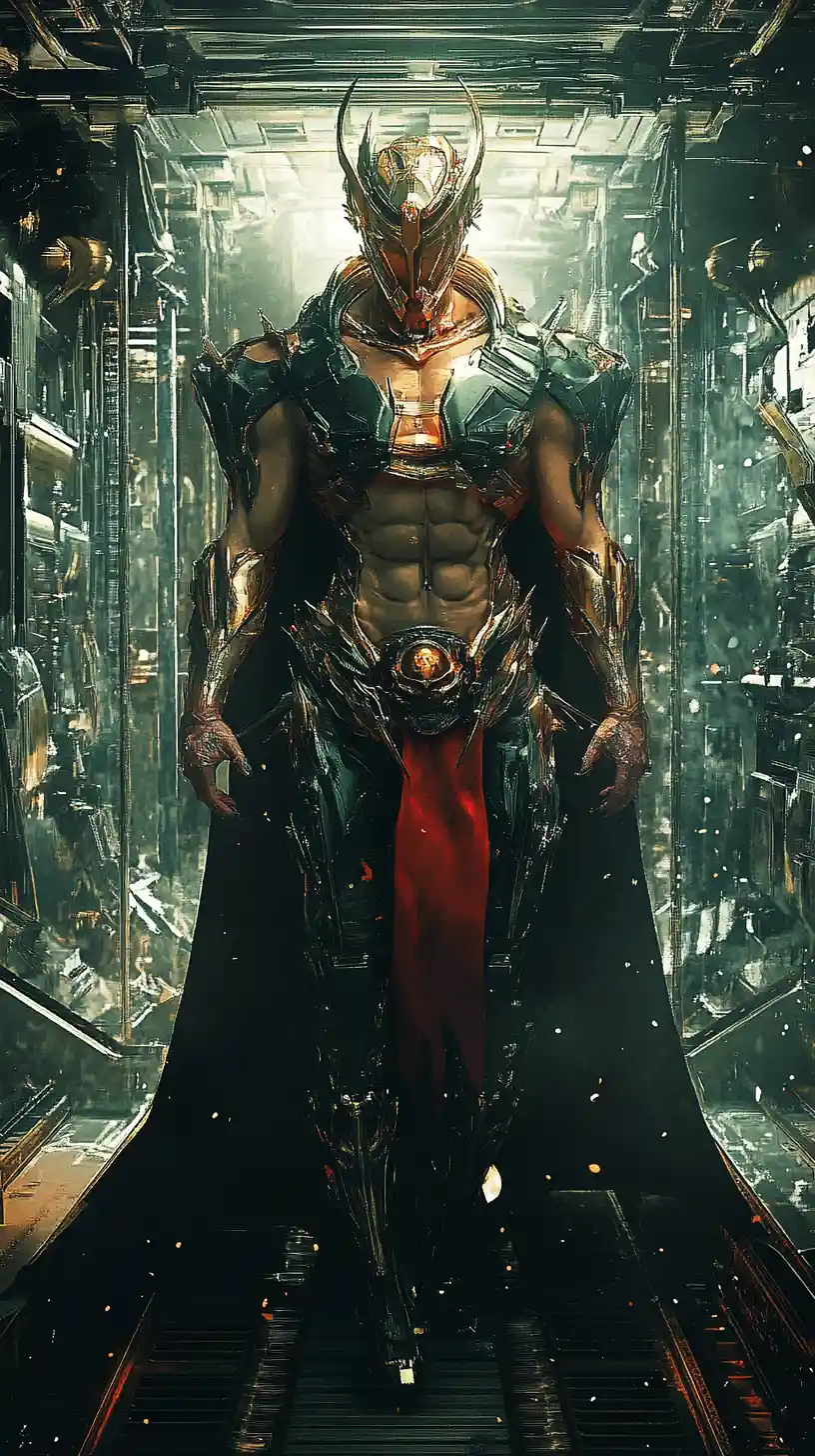 Afraid futuristic warrior inside a luxurious spacecraft