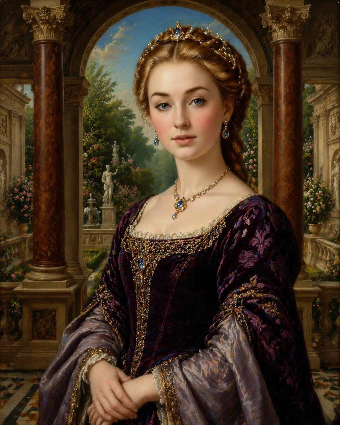 Renaissance style portrait of a young girl on a terrace