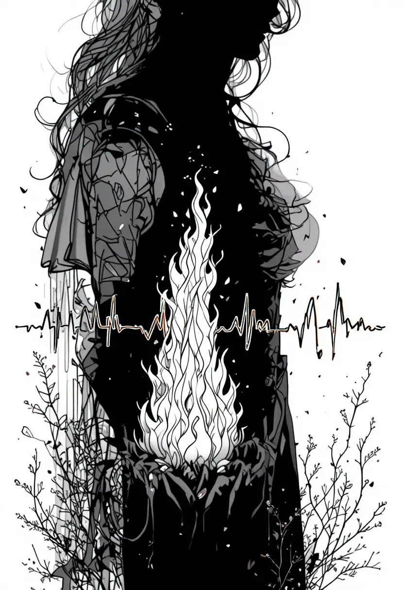 Lonely figure standing by a glowing fire in darkness