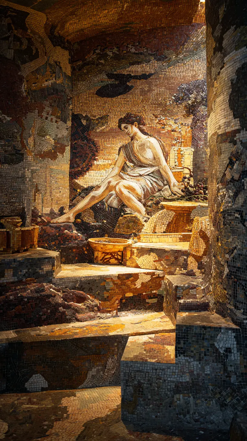 Hellenistic mosaic of reclining figures in a Greek bathhouse