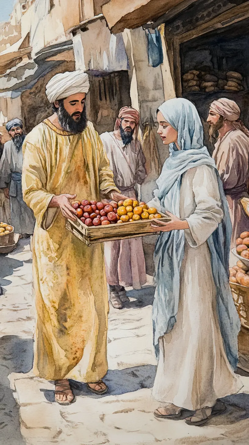 Watercolor scene of merchant sharing fruit in ancient marketplace