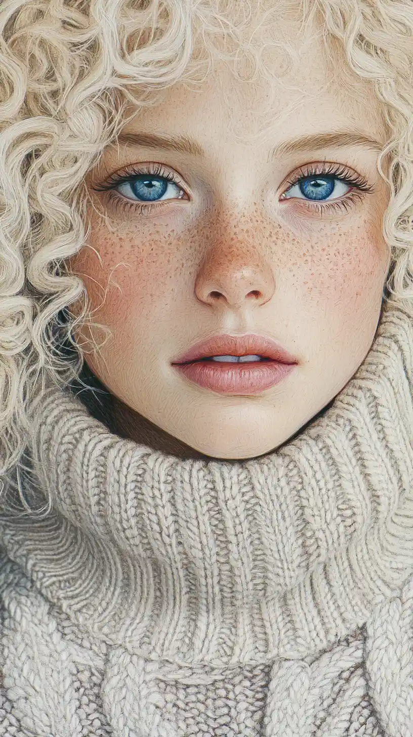 Albino girl portrait in blue pen and colored pencil