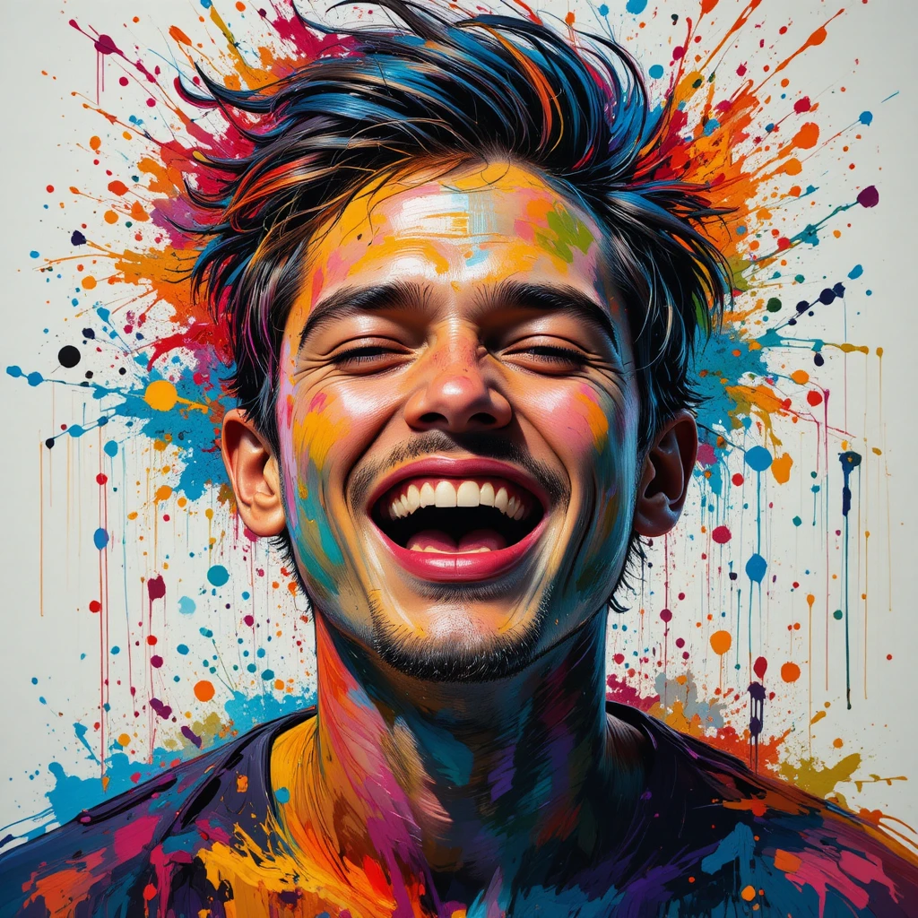 Abstract rainbow portrait of a young man in vivid paint