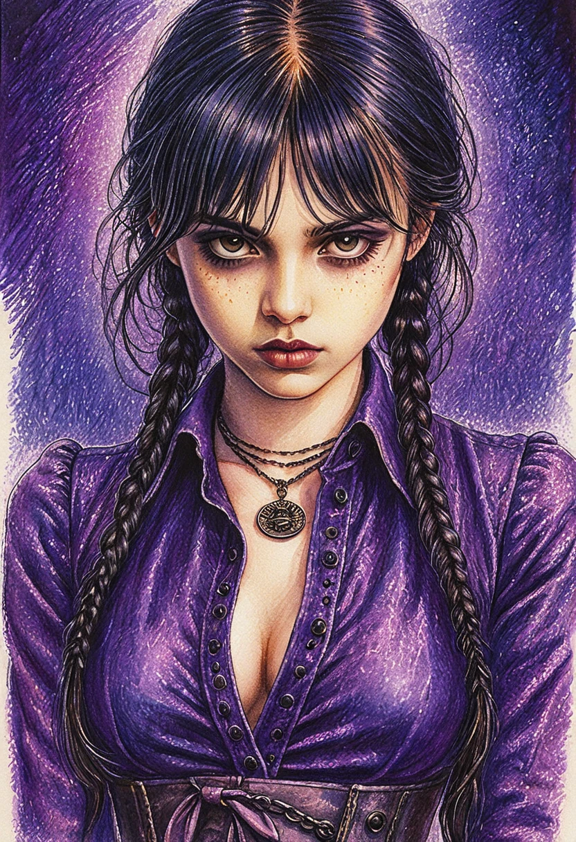Dark gothic portrait of a braided woman in purple shirt