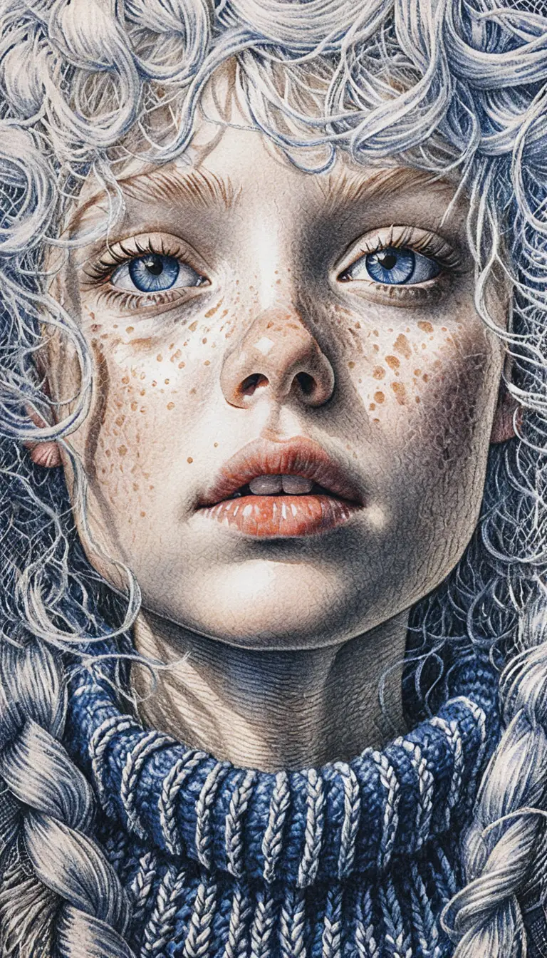 Albino girl portrait in blue ballpoint crosshatched drawing