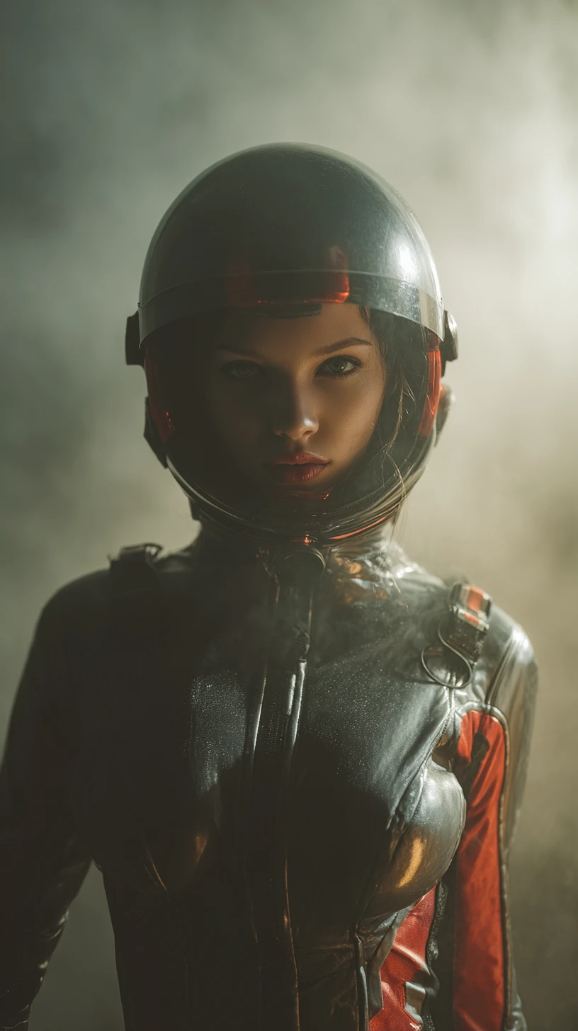 Female astronaut in black and red suit on alien world