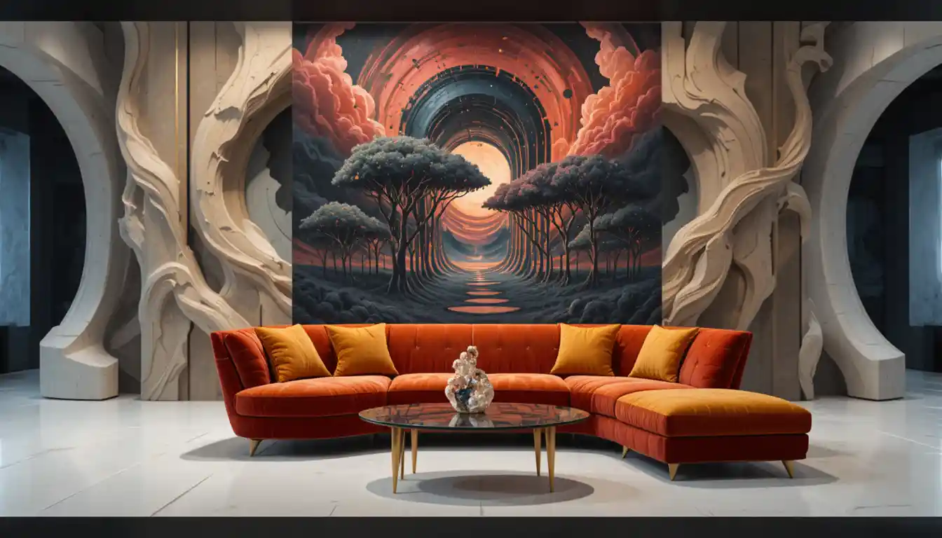 Surreal red velvet sofa before swirling cosmic forest painting