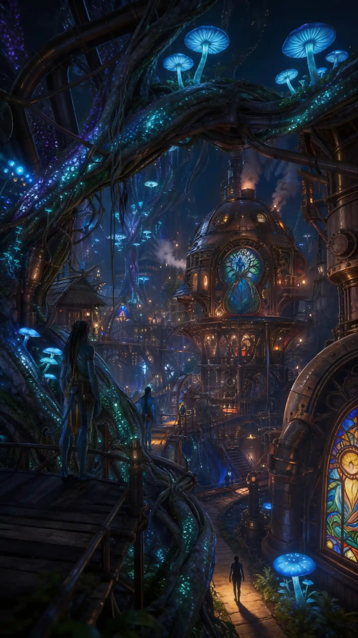 Hidden steampunk Na'vi village in a glowing jungle