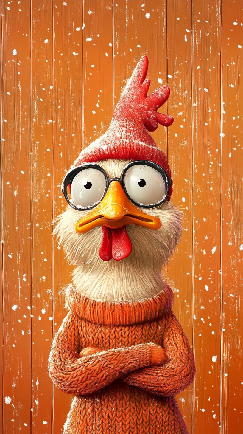 Gallina de caricatura en la nieve sobre un fondo abstracto naranja intenso