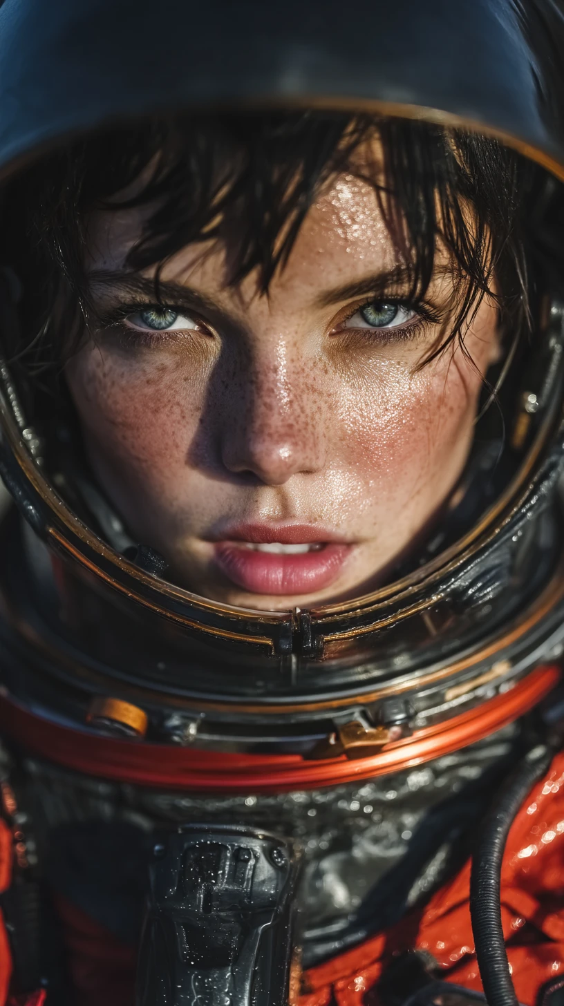 Female astronaut in black and red suit on alien world