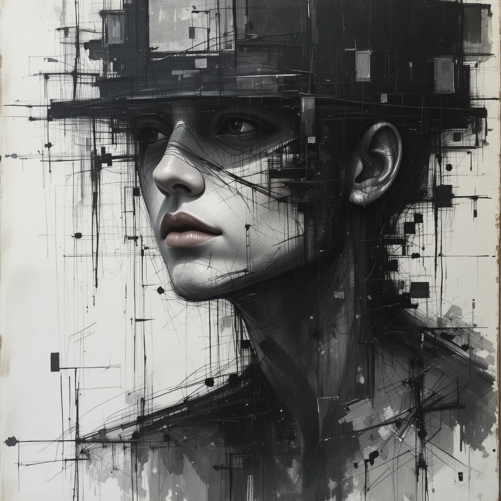 Chaotic charcoal portrait of a young man emerging from scribbles