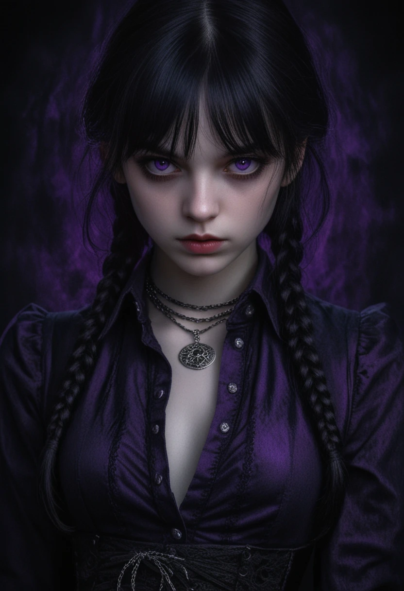 Dark gothic portrait of a pale woman with braids