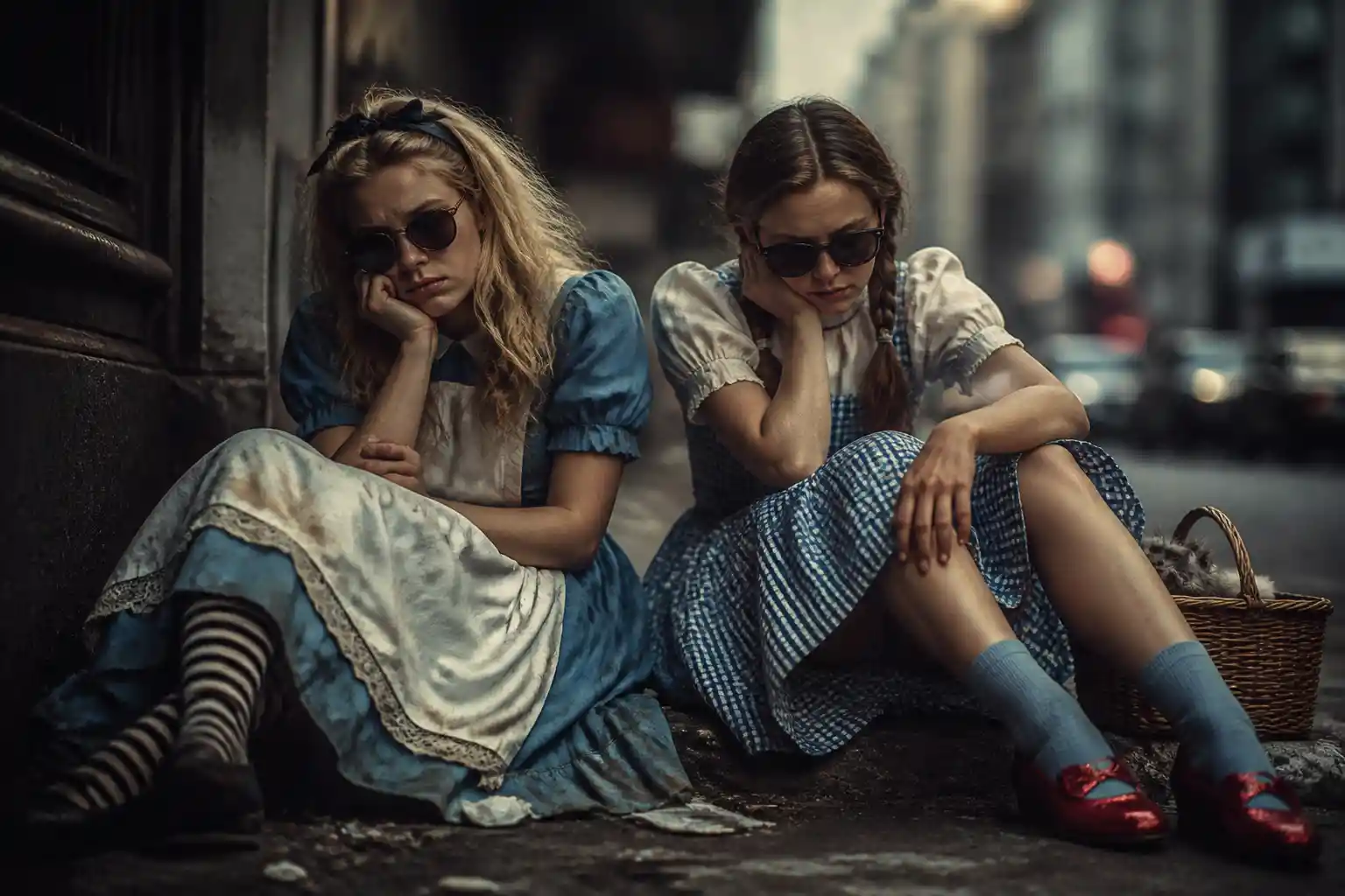 Two exhausted women in sunglasses on a worn city street
