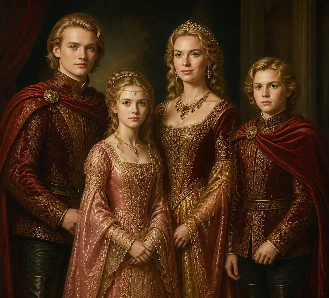 Renaissance style family portrait with mother and three children