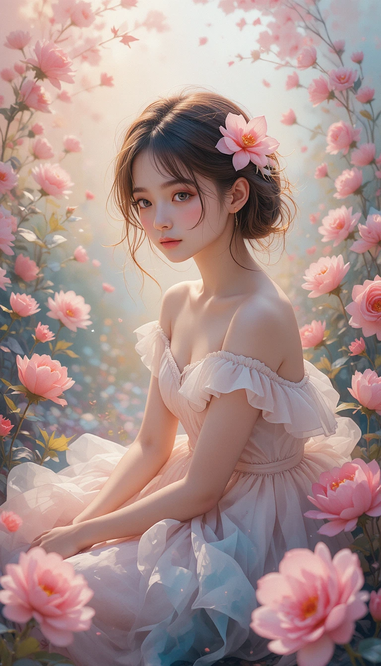 부드러운 분홍 수채화 꽃 사이에서 쉬는 몽환적인 소녀