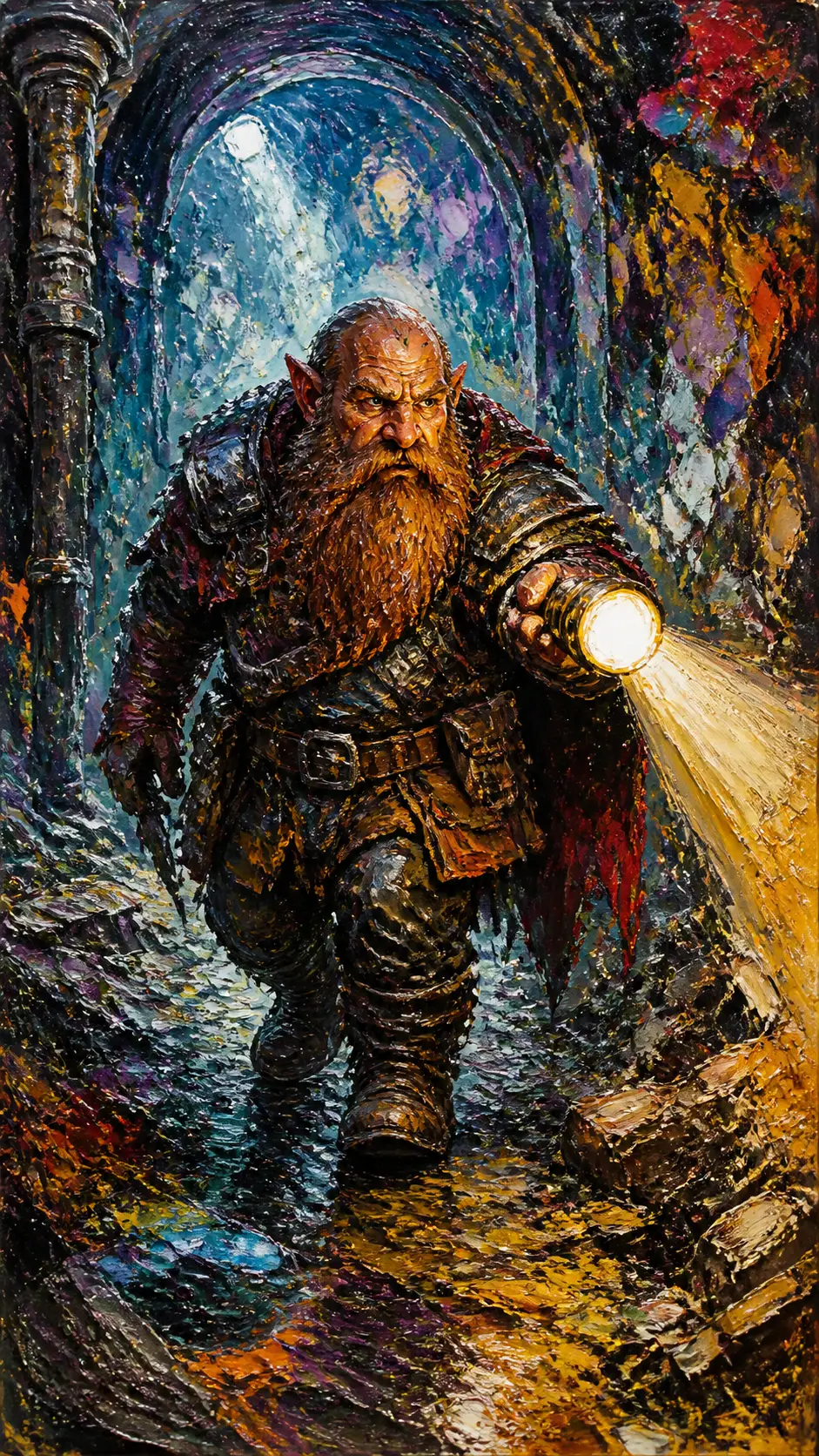 Dwarf Holding A Flashlight In Vivid Oil Expressionist Style