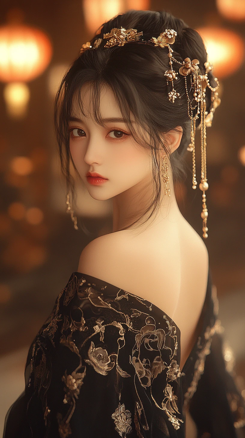 Elegant Chinese woman in black and gold evening gown