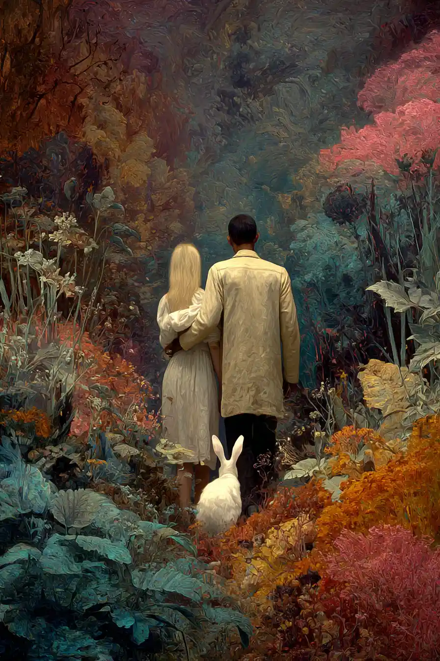 Middle aged couple parting in a surreal evening jungle maze