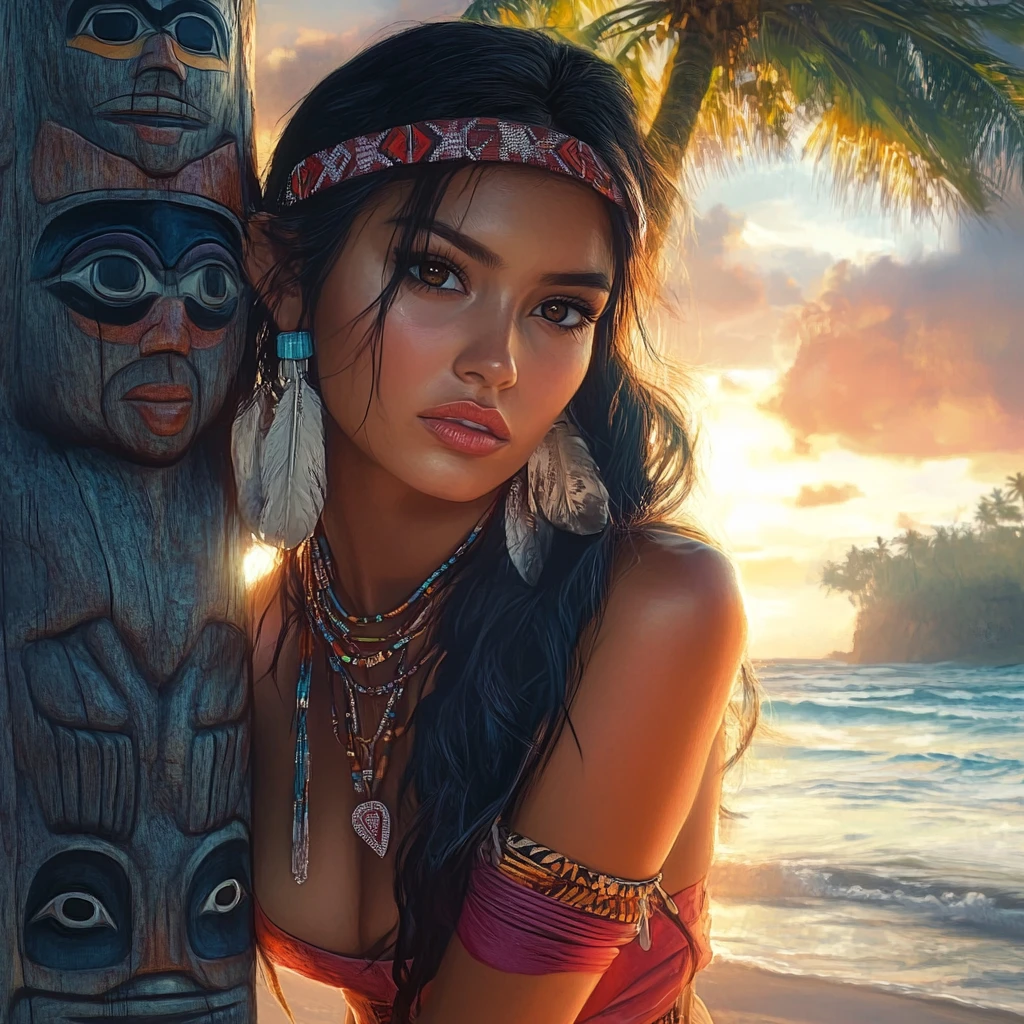 Native American woman by totem pole at tropical beach sunset