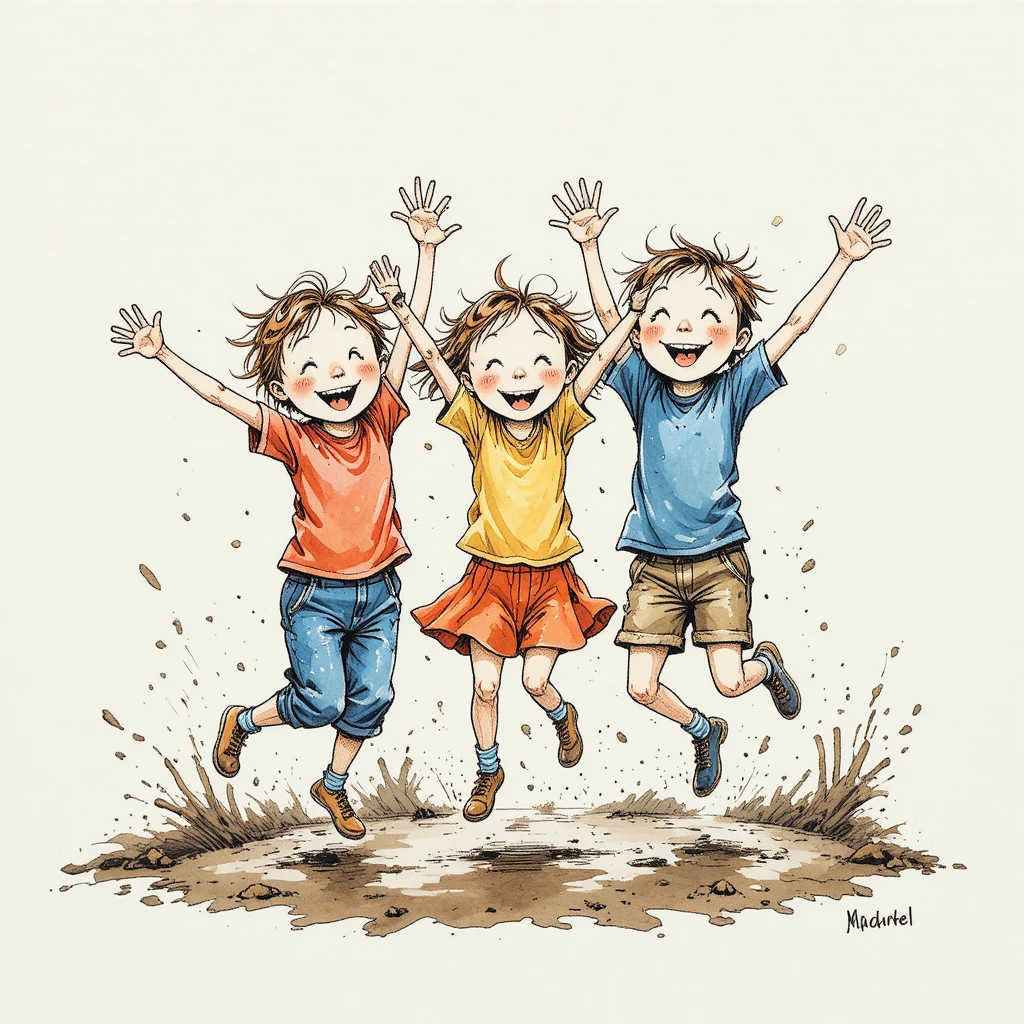 Joyful children jumping and playing together in muddy outdoors