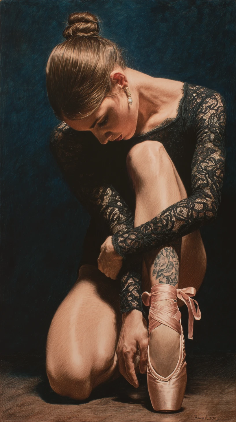 Ballerina in lace leotard crouching on wooden floor drawing