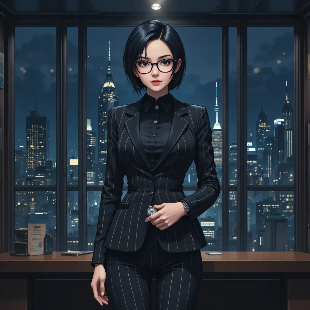 Anime-Mafia-Bossfrau im eleganten Anzug im Nachtbüro