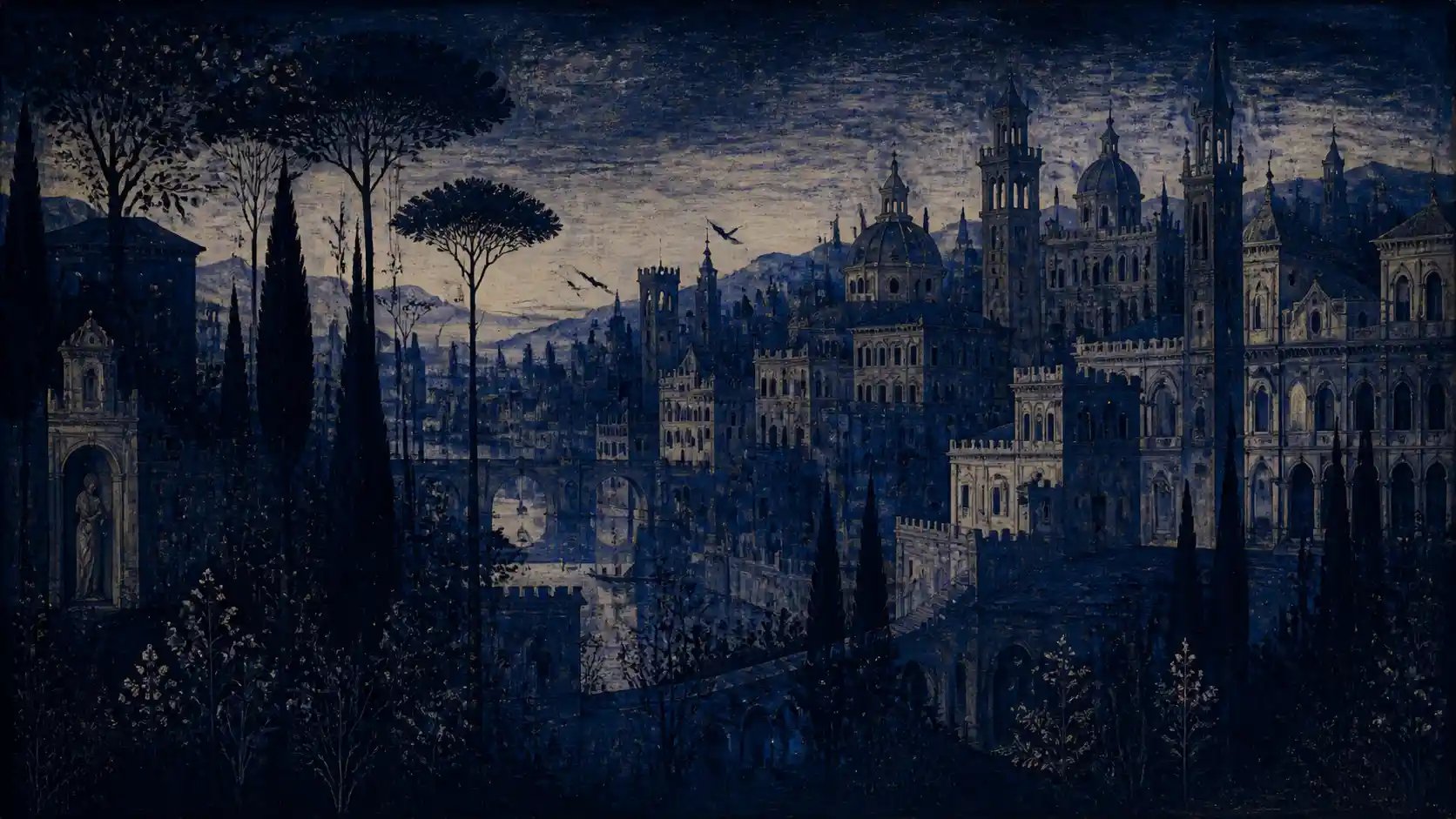Dark indigo cityscape inspired by classical primavera style