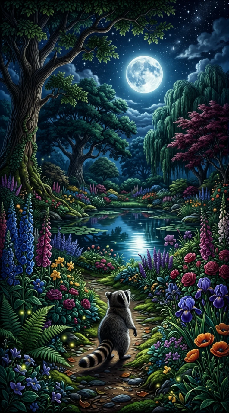 Raccoon In A Moonlit Garden Surrounded By Flowers