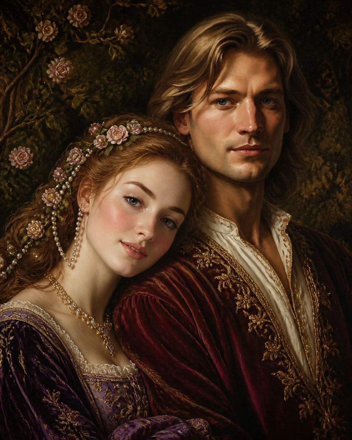 Retrato prerrafaelita romántico de una joven pareja enamorada