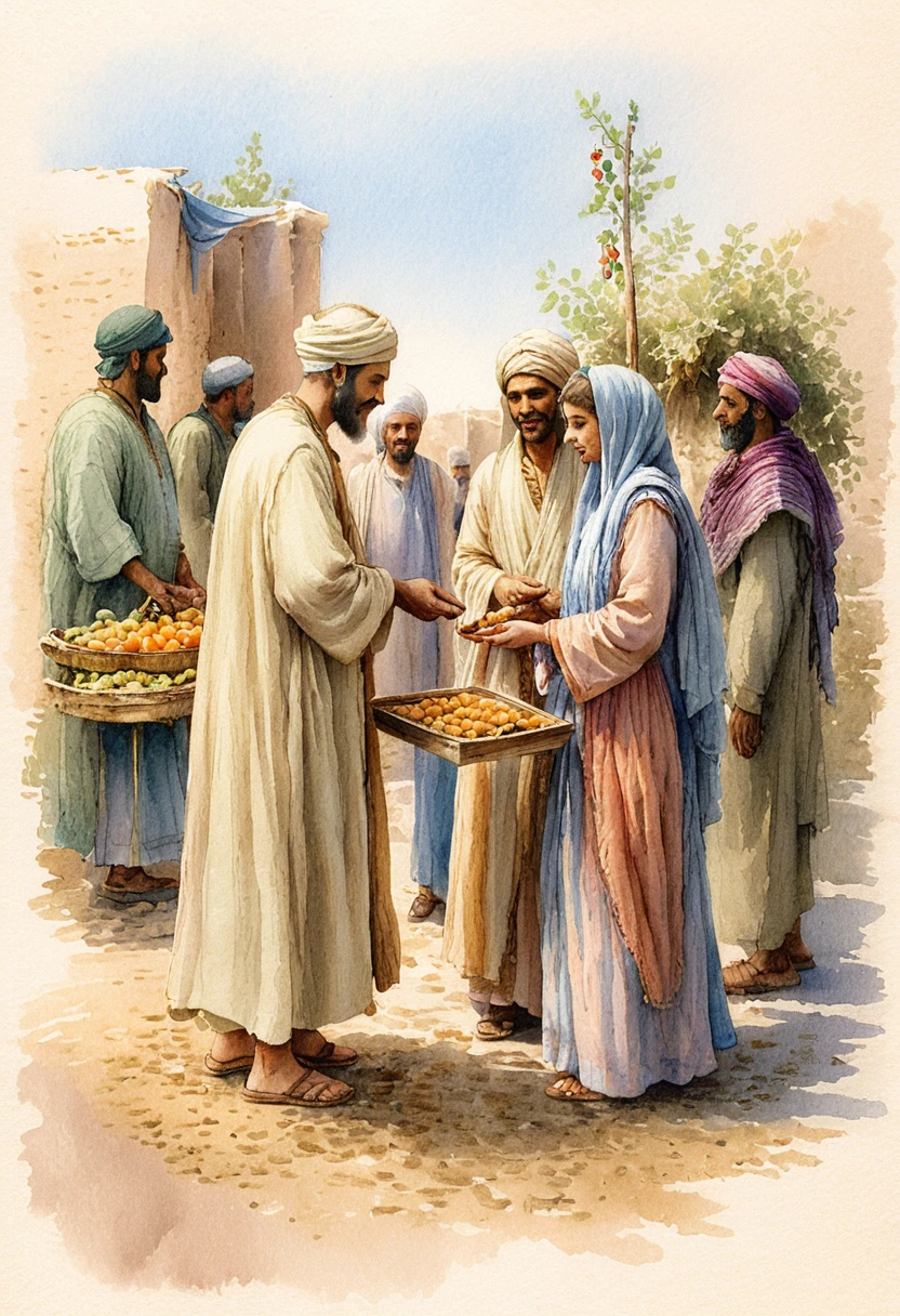 Watercolor scene of merchants and shoppers in an ancient marketplace