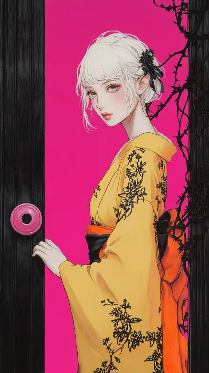 Melancholic anime girl in kimono at a dark doorway