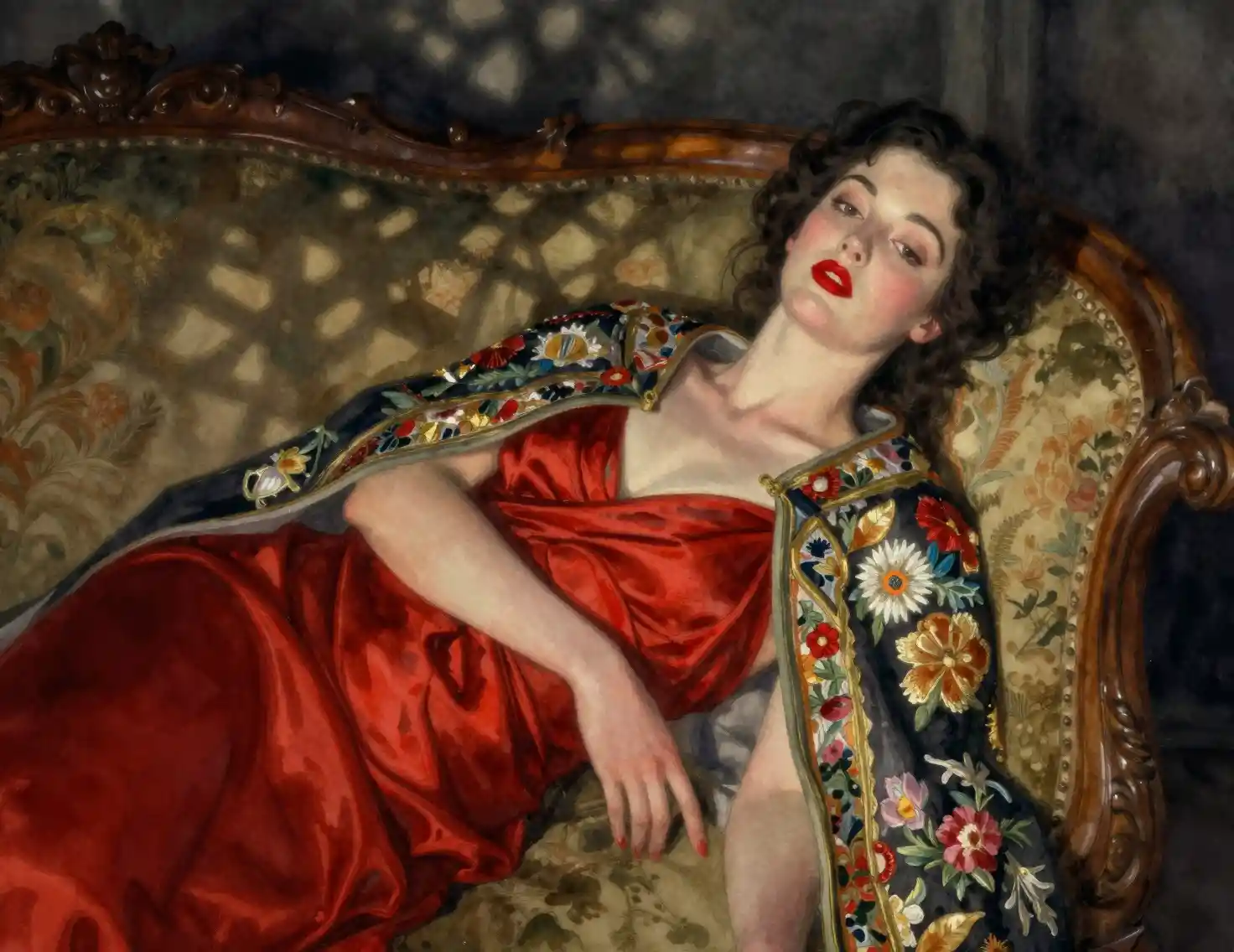 Elegant woman in red silk on an ornate wooden divan
