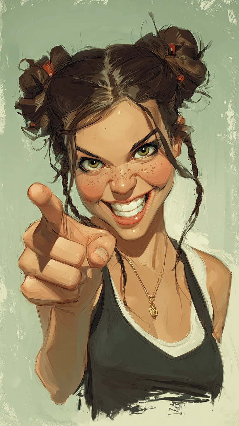 Playful girl caricature portrait pointing toward the viewer